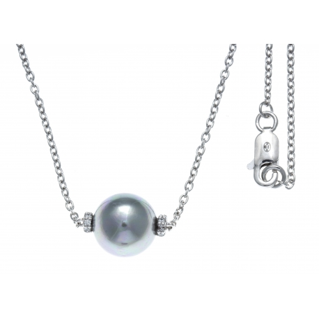 Collier argent rhodié 2,5g - boule nacre grise - zircons - 42+3cm