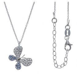 Collier argent rhodié 3,5g - papillons - zircons blancs et bleus - 40+5cm