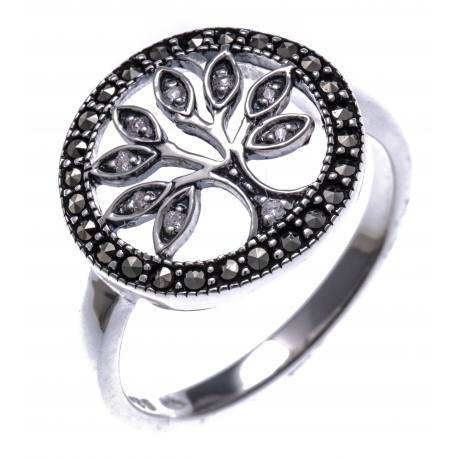 Bague argent rhodié 3,1g - arbre de vie - marcassites - zircons - T50 â  60