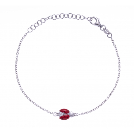 Bracelet argent rhodié 2g - coccinnelle - zircons - émail rouge - 14+5cm