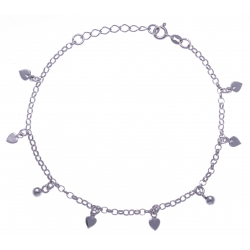 Chaîne cheville argent rhodié 5,8g - breloques boules + coeur - 22+3cm