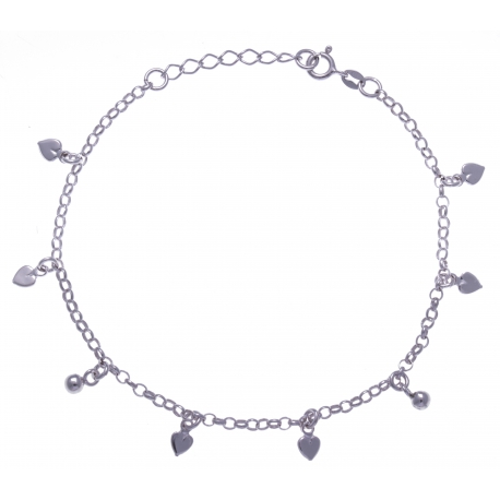 Chaîne cheville argent rhodié 5,8g - breloques boules + coeur - 22+3cm