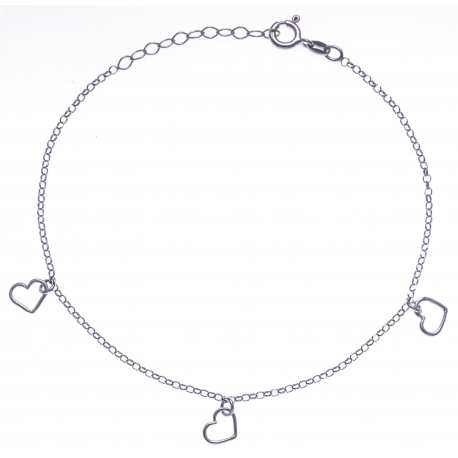 Chaîne cheville argent rhodié 2,2g - breloques curs - 22+3cm