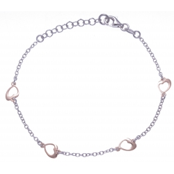 Bracelet argent rhodié 2,2g - 2 tons rhodié et rosé - coeurs - 17+3cm