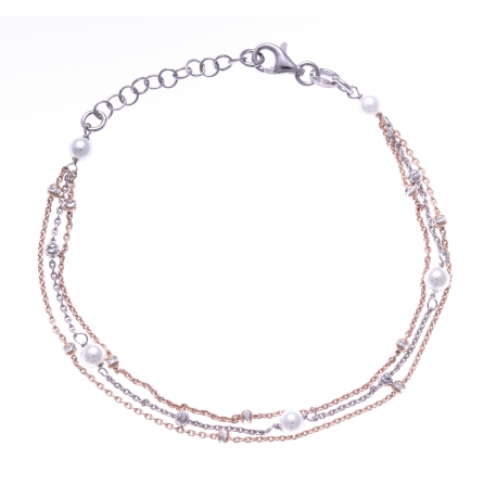 Bracelet argent rhodié 3,3g - 2 tons - rhodié et rosé - perles synthétiques - 17