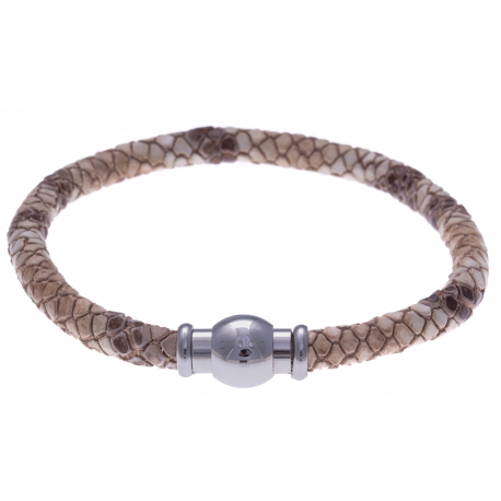 Bracelet acier Apollon - cuir véritable - impression peau de serpent rosé - fermoir Plug&Go - 18,5cm