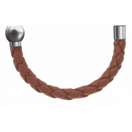 Apollon - Collection MiX - Bracelet acier (moitié) cuir tressé italien marron - diamètre 5mm - longueur 9,25cm