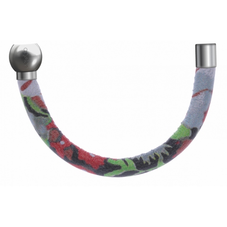 Apollon-Collection MiX-Bracelet acier-moitié-cuir italienImpressionFleurs multicolores dominanteGrise-diamètre5mm-longueur9,25cm