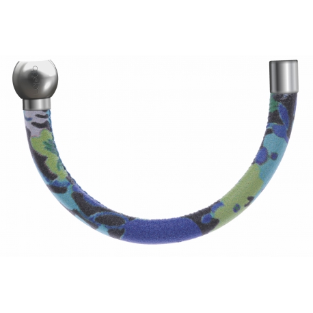 Apollon-Collection MiX-Bracelet acier-moitié-cuir italienImpressionFleurs multicolores dominanteBleue-diamètre5mm-longueur9,25cm