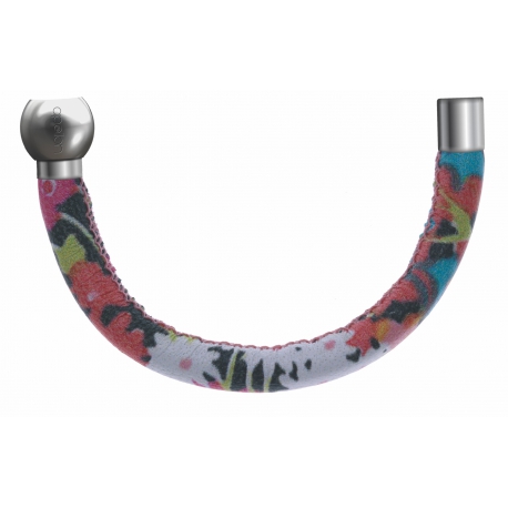 Apollon-Collection MiX-Bracelet acier-moitié-cuir italien ImpressionFleurs multicolores dominanteRose-diamètre5mm-longueur9,25cm