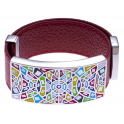 Bracelet acier - émail - nacre - cuir rouge - largeur 2cm - longueur 23,5cm