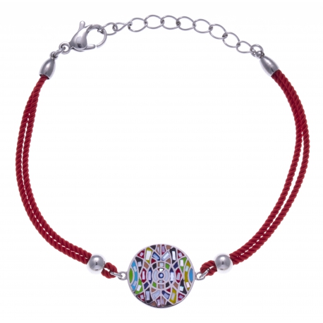 Bracelet acier - nacre - émail - coton rouge - 17+3cm