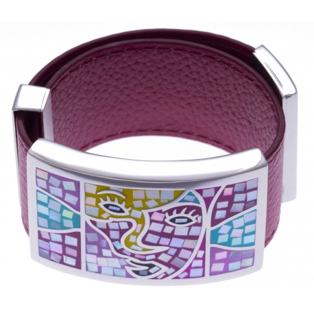 Bracelet acier - émail - nacre - cuir fushia - largeur 3cm - longueur 23,5cm