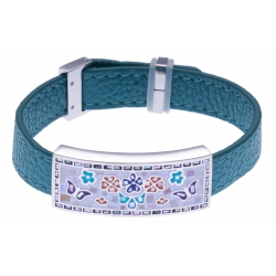 Bracelet en acier - émail - nacre- cuir bleu- largeur 1cm - longueur 22cm