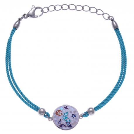 Bracelet acier - nacre - émail - coton bleu - 17+3cm