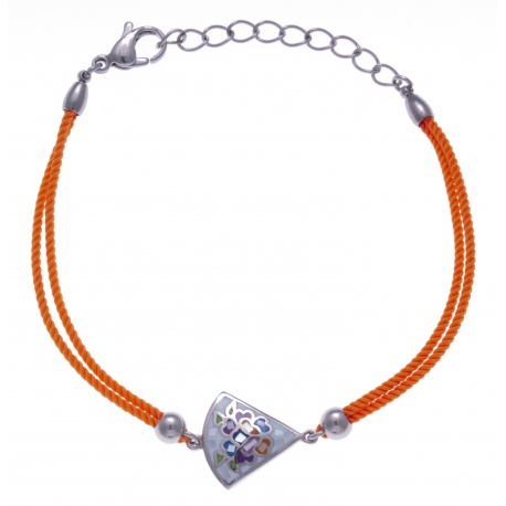 Bracelet acier - nacre - émail - coton orange - 17+3cm
