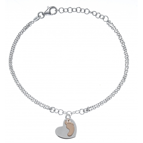 Bracelet argent rhodié 2,8g - 2 tons - rhodié et rosé - 2 fils - cur et pied bébé