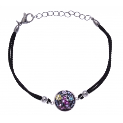 Bracelet acier - papillon - nacre - émail - coton noir - 17+3cm