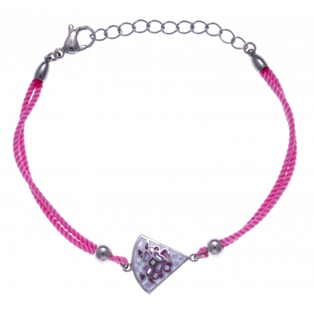 Bracelet acier - nacre - émail - coton rose - 17+3cm