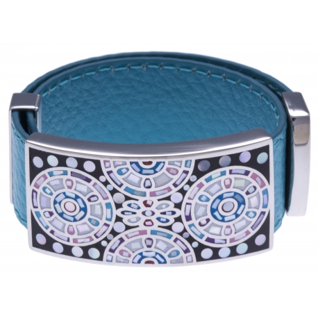 Bracelet acier - émail - nacre - cuir bleu - largeur 2cm - longueur 23,5cm