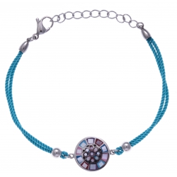 Bracelet acier - nacre - émail - coton bleu clair - 17+3cm