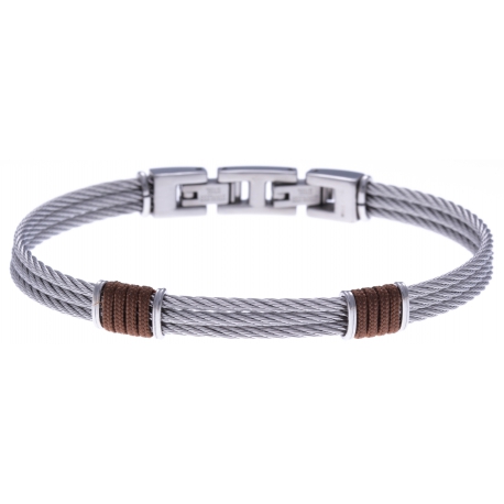 Bracelet acier - 3 cables acier - corde nautique marron - 19,5+1,5cm - réglable