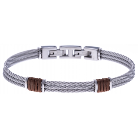 Bracelet acier - 3 cables acier - corde nautique marron - 19,5+1,5cm - réglable