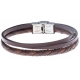 Bracelet acier - cuir italien et cuir tressé italien marron  - 3 rangs - 21,5cm - réglable