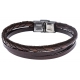 Bracelet acier - cuir italien et cuir tressé italien marron  - 3 rangs - 21,5cm - réglable