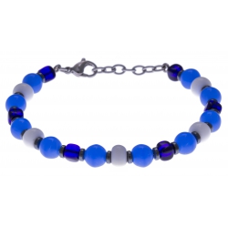 Bracelet acier - verre de murano - tons bleu et blanc - 19+4cm