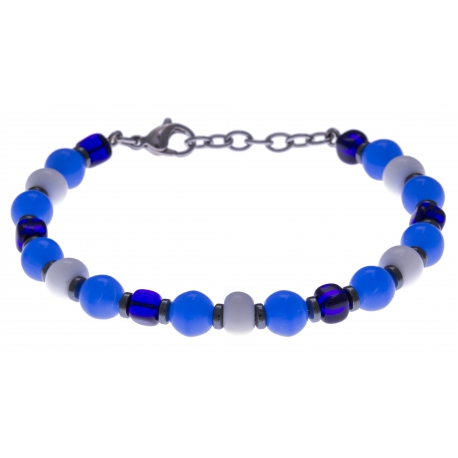 Bracelet acier - verre de murano - tons bleu et blanc - 19+4cm