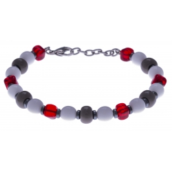 Bracelet acier - verre de murano - tons rouges,blancs et gris - 19+4cm