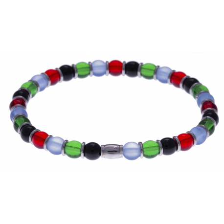 Bracelet acier - verre de murano - tons verts,blancs et noir et rouge - élastique - 20cm