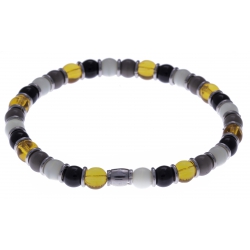 Bracelet acier - verre de murano - tons  jaune, blanc, noir et gris - élastique - 20cm