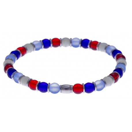 Bracelet acier - verre de murano - tons rouge, bleu, blanc - élastique - 20cm