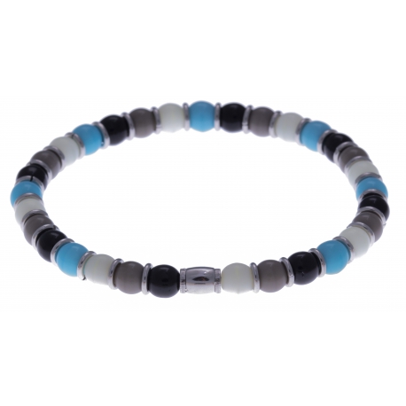 Bracelet acier - verre de murano - tons bleu clair, noir, gris, blanc - élastique - 20cm