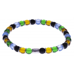 Bracelet acier - verre de murano - tons bleu clair, jaune, vert, noir - élastique - 20cm