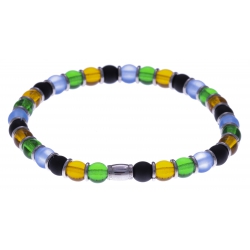 Bracelet acier - verre de murano - tons bleu clair, jaune, vert, noir - élastique - 20cm