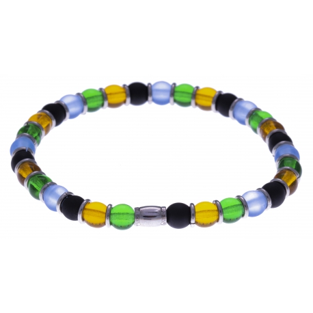 Bracelet acier - verre de murano - tons bleu clair, jaune, vert, noir - élastique - 20cm