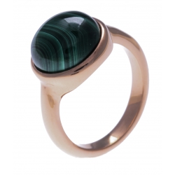 Bague en acier rosé - cabochon malachite  - 13mm - T50 à 60