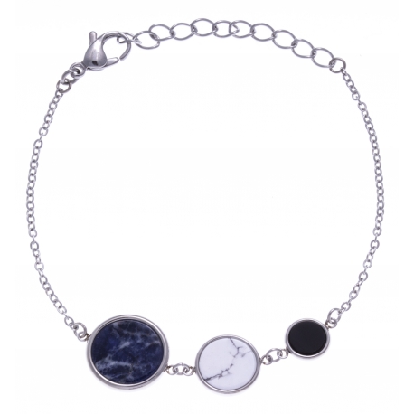 Bracelet en acier - sodalite, howlite et onyx - diamètre 14, 11 et 8mm - longueur - 16+4cm