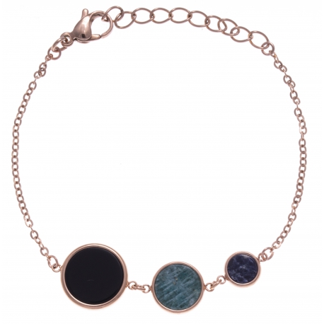 Bracelet en acier rosé - onyx, amazonite et sodalite  - diamètre 14, 11 et 8mm - longueur - 16+4cm