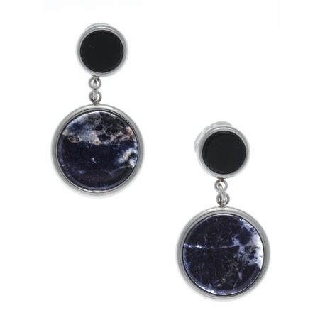 Boucles d'oreille en acier - sodalite et onyx - diamètre 14 et 8mm