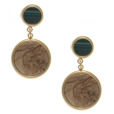 Boucles d'oreille en acier doré - malachite et jaspe paysage diamètre 14 et 8mm