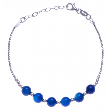 Bracelet argent rhodié 4,2g - 6 billes agate blueue foncée 6mm - 17+3cm