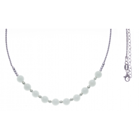 Collier argent rhodié 7,6g - 10 billes de 6mm en agate blanche - 40+7cm