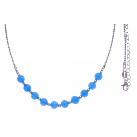 Collier argent rhodié 7,6g - 10 billes de 6mm en agate bleu turquoise - 40+7cm