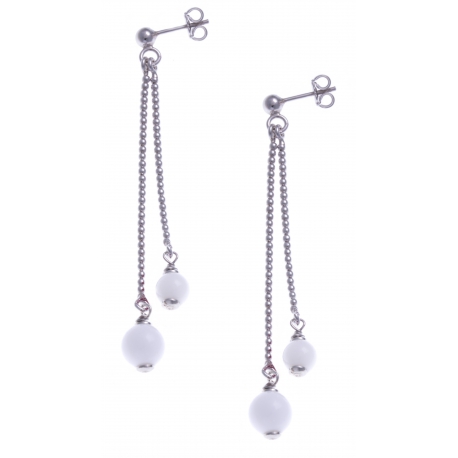 Boucles d'oreille argent rhodié 4,9g - 1 bille 6mm - 1 bille 8mm - agate blanche - longueurs 4,5 et 6cm