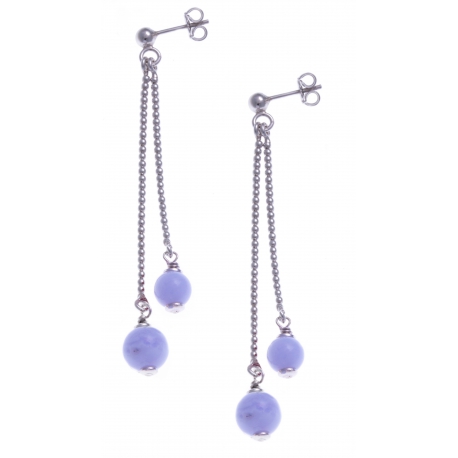 Boucles d'oreille argent rhodié 4,9g - 1 bille 6mm - 1 bille 8mm - calcedoine - longueurs 4,5 et 6cm