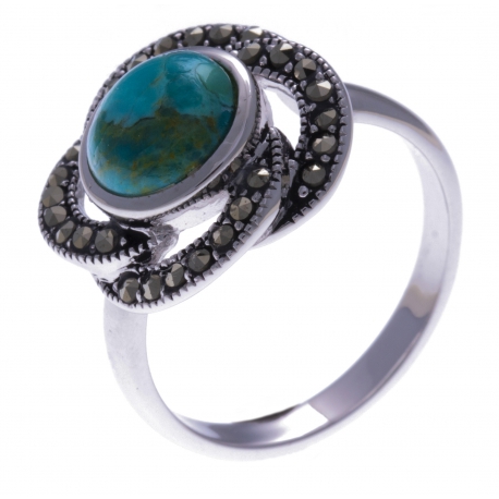 Bague argent rhodié 3,8g - turquoise - marcassites - T52 à 60